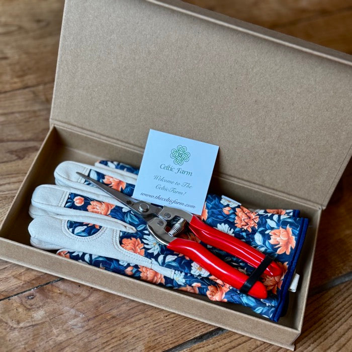 Garden Gift Box from The Celtic Farm with green and yellow garden gloves and needle snips for gardening tasks.