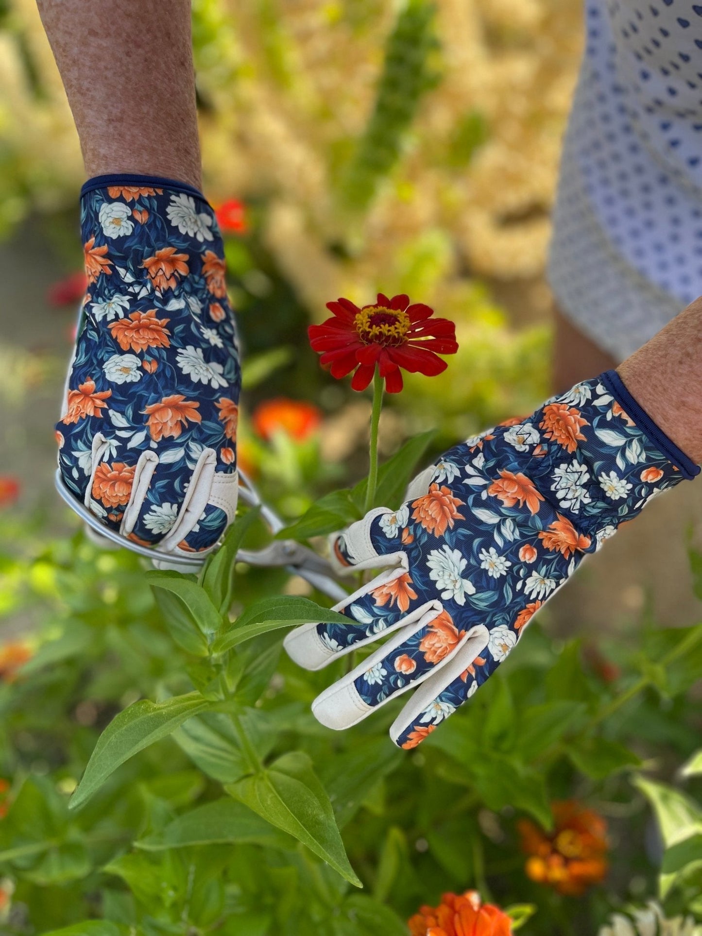 Women's floral gardening and project gloves by The Celtic Farm, featuring colorful floral patterns and durable fabric.