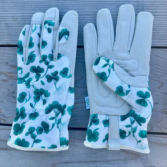 Women's floral gardening and project gloves by The Celtic Farm, medium size, featuring colorful floral design and durable fabric.