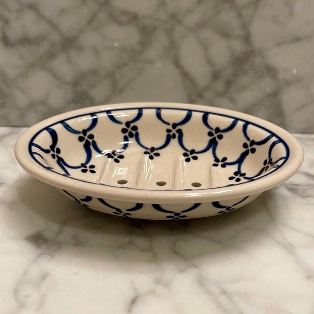 Hand-painted Polish floral ceramic soap dish by The Celtic Farm with light floral design, perfect for bathroom decor.
