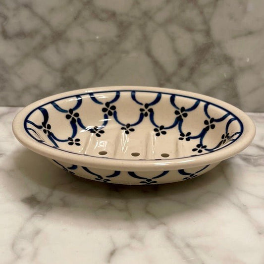 Hand-painted Polish floral ceramic soap dish by The Celtic Farm with light floral design, perfect for bathroom decor.