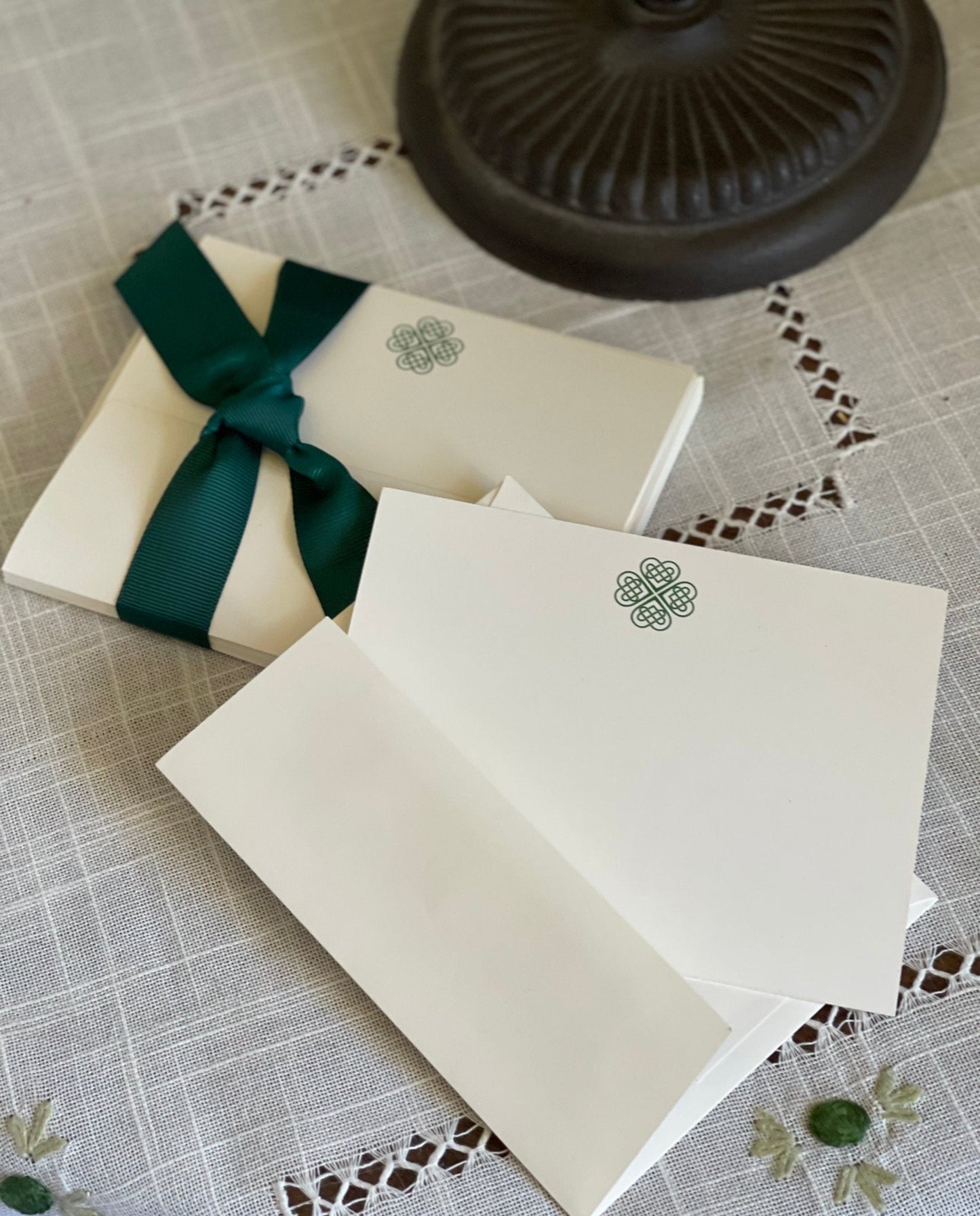Boxed Celtic Knot Irish stationery set with 10 note cards and envelopes featuring intricate Celtic design by The Celtic Farm.