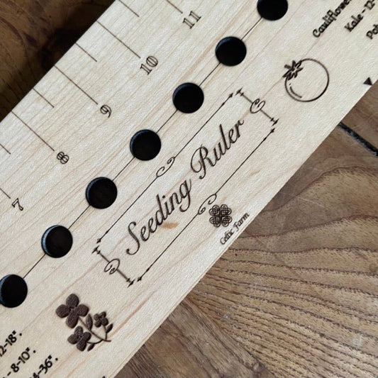 American Hardwood Seed and Bed Ruler by The Celtic Farm, made from American lumber, showing a durable wooden gardening tool.