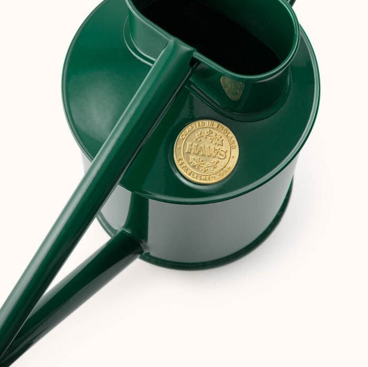 Dark green Haws Rowley Ripple watering can by The Celtic Farm, with a textured handle and spout for easy watering.