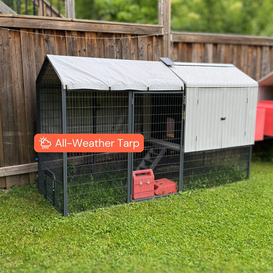 All-weather coop tarp on a chicken coop by The Smart Coop, providing weather protection for poultry enclosures.