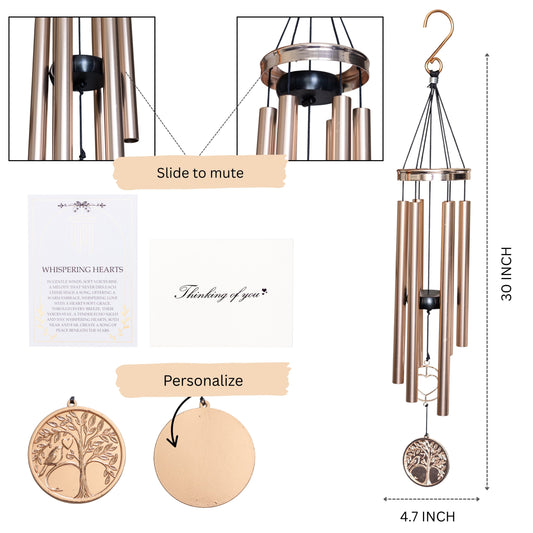 30-inch Whispering Hearts™ wind chime by The Wind Chime Co with platinum rose finish and personalized gift box.