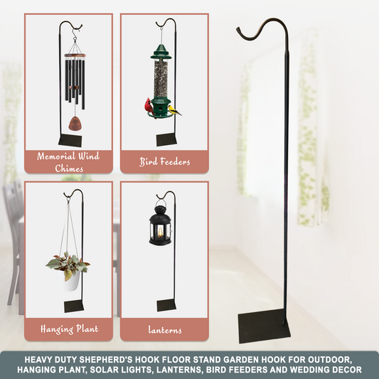 Heavy-duty 60-inch adjustable shepherd's hook floor stand from The Wind Chime Co, suitable for patio or garden decor.