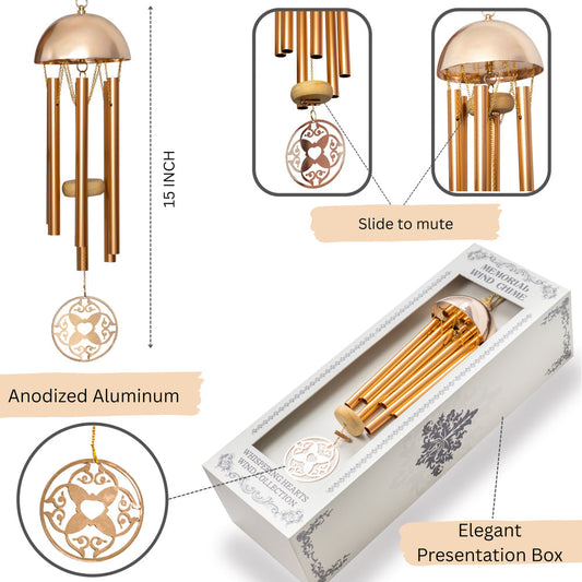 15-inch garden wind chime from Whispering Hearts™ Collection with warm gold aluminum and personalized heart charm in gift box.
