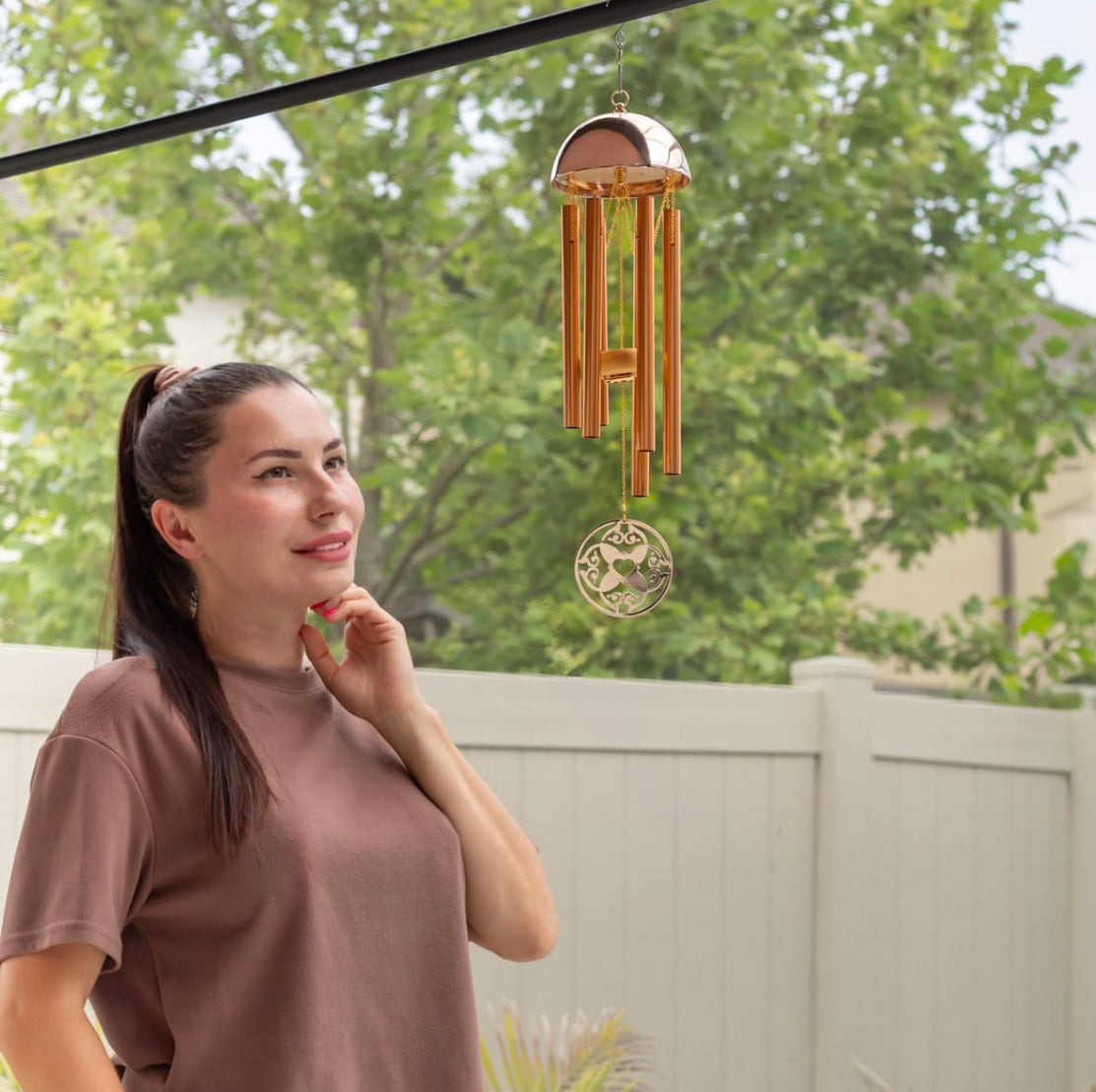 15-inch warm gold aluminum wind chime from Whispering Hearts™ collection with gift box and personalized heart charm, garden decoration.