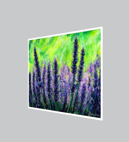 Lavender Fields Forever fine art print by Tiffany Bates Art, showcasing a vibrant lavender landscape in multiple sizes.