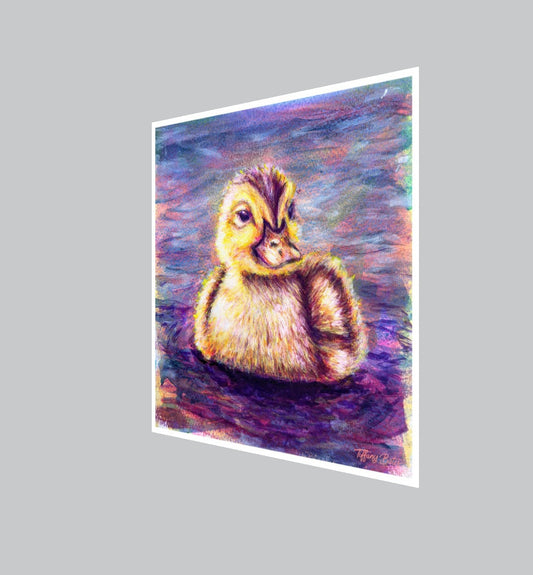 Fine art print of a Darling Duckling by Tiffany Bates Art, 8x8 inches, featuring a charming duckling illustration.
