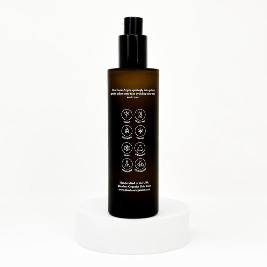 Timeless Organics Skin Care Anti-Aging Facial Cleanser bottle showing natural ingredients and sleek pump dispenser.