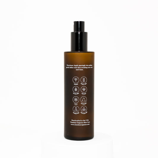Timeless Organics Skin Care Ultra-Calm Silk Cleanser in a pump bottle, gentle facial cleanser for sensitive skin.