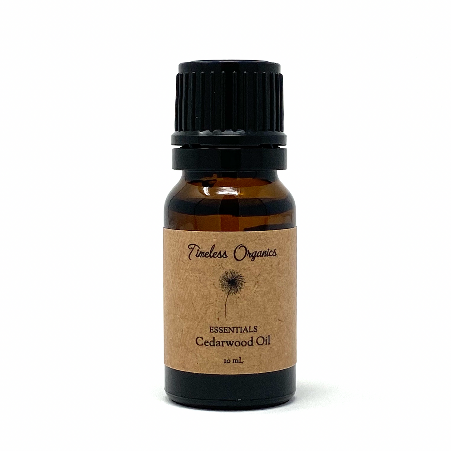 Cedarwood essential oil bottle from Timeless Organics Skin Care, with a natural wooden cap and label featuring cedarwood imagery.