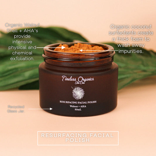 Resurfacing Facial Polish with Walnut and AHA by Timeless Organics Skin Care, showing the textured exfoliating product in a jar.