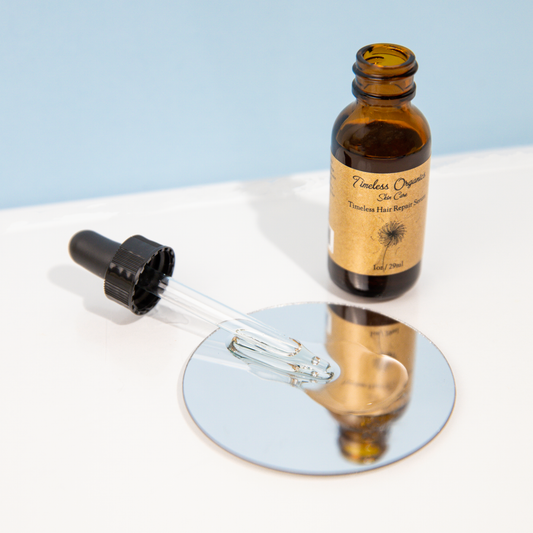 Timeless Organics Skin Care Hair Repair Serum bottle showing natural ingredients and sleek packaging for damaged hair repair.