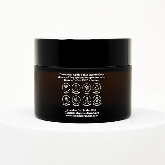 Timeless Organics Skin Care Clarifying Detox Clay Mask showing a jar with creamy green clay mask and natural ingredients