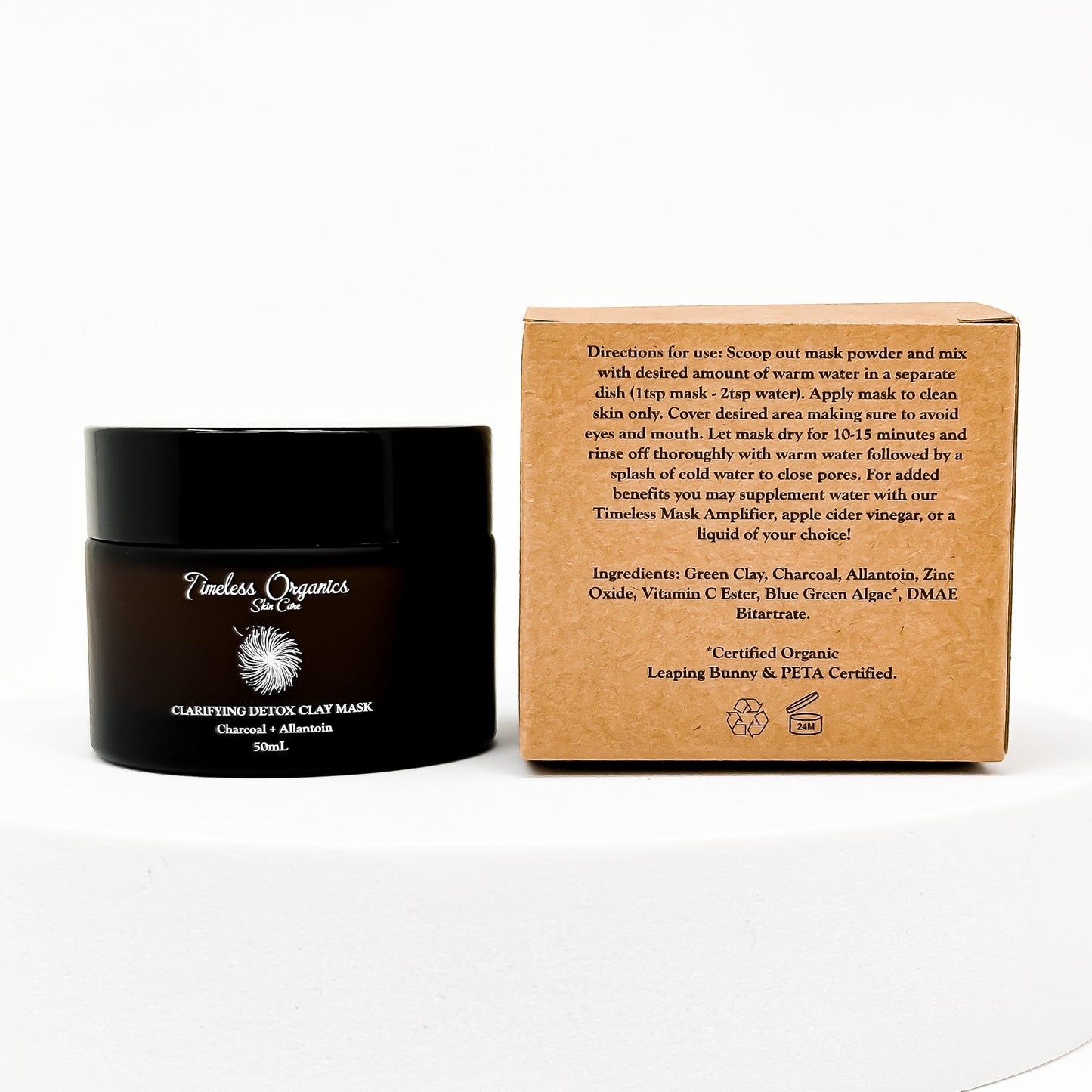 Timeless Organics Skin Care Clarifying Detox Clay Mask showing a jar with white clay mask and natural ingredients.