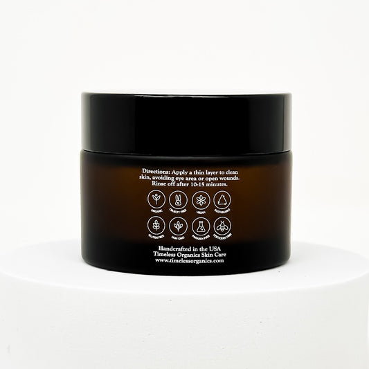 Timeless Organics Skin Care tightening clay mask in a jar, with creamy texture and natural ingredients for facial skin tightening.