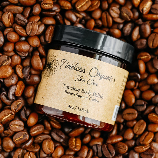 Coffee and mocha body scrub by Timeless Organics Skin Care, showing a jar of exfoliating body polish with coffee beans and mocha ingredients.