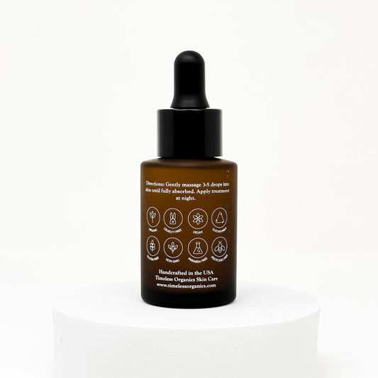 Timeless Organics Skin Care Repairing Retinol Treatment serum in a glass dropper bottle with product label visible