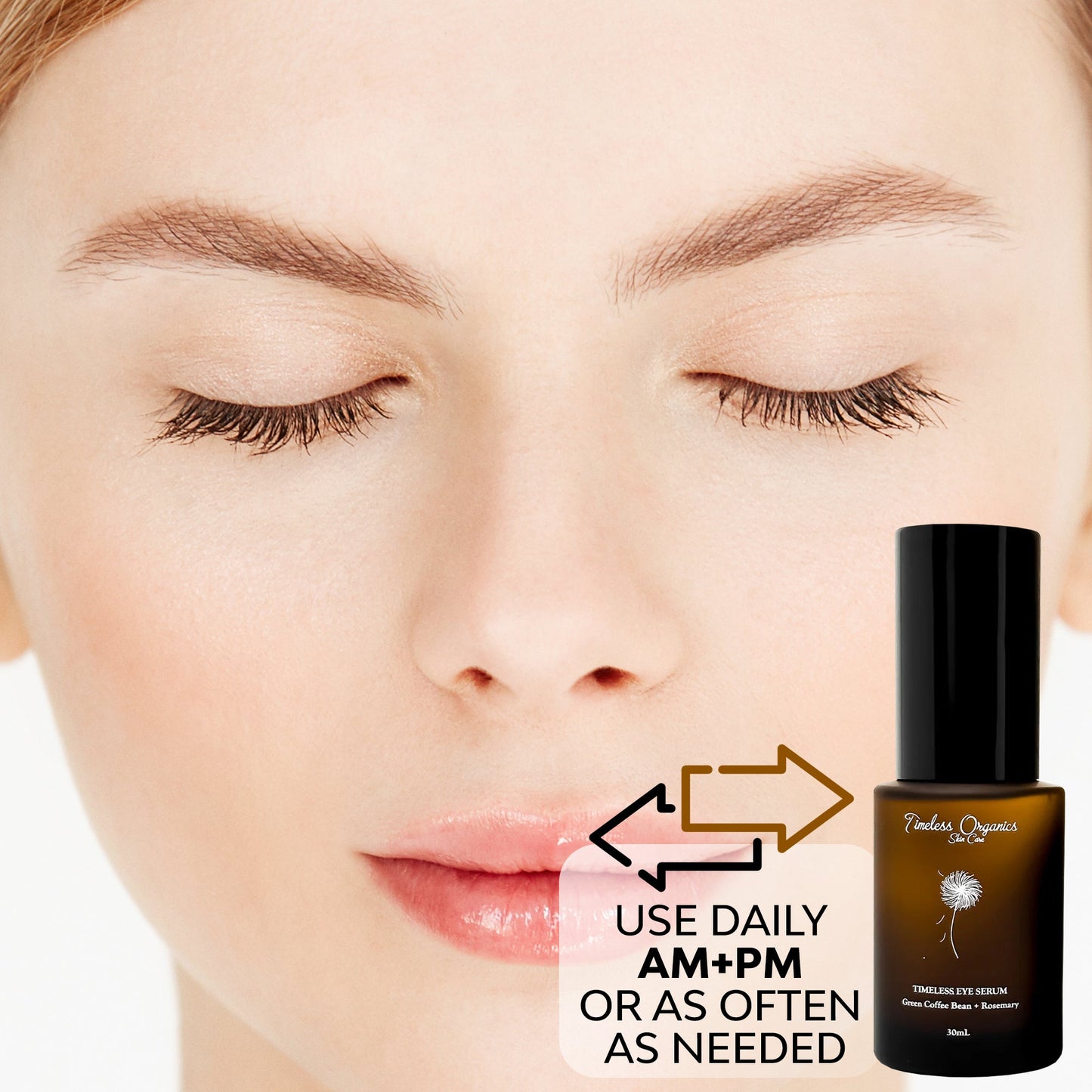 Timeless Organics Skin Care Timeless Eye Serum in a sleek bottle with dropper for brightening and reducing under-eye puffiness.