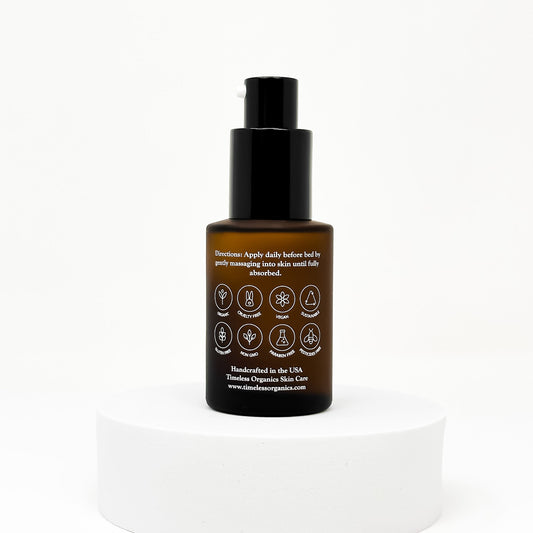 Timeless Wrinkle Serum by Timeless Organics Skin Care in a sleek glass bottle, featuring a dropper for precise application.