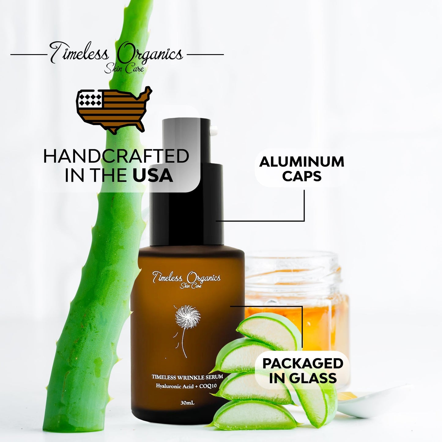 Timeless Wrinkle Serum by Timeless Organics Skin Care in a clear glass bottle with dropper for anti-aging skincare.