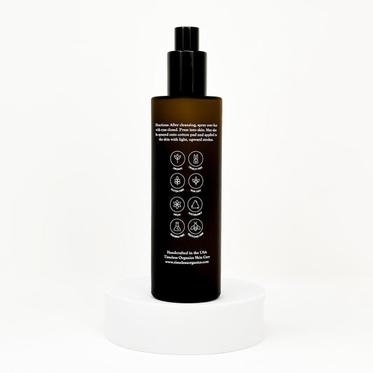 Bottle of Timeless Organics Skin Care Timeless Toner for normal skin, featuring a clear liquid with a minimalist label.