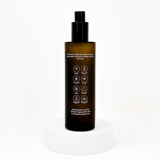 Timeless Organics Skin Care toner for troubled skin, clear liquid in a pump bottle with natural ingredients visible.