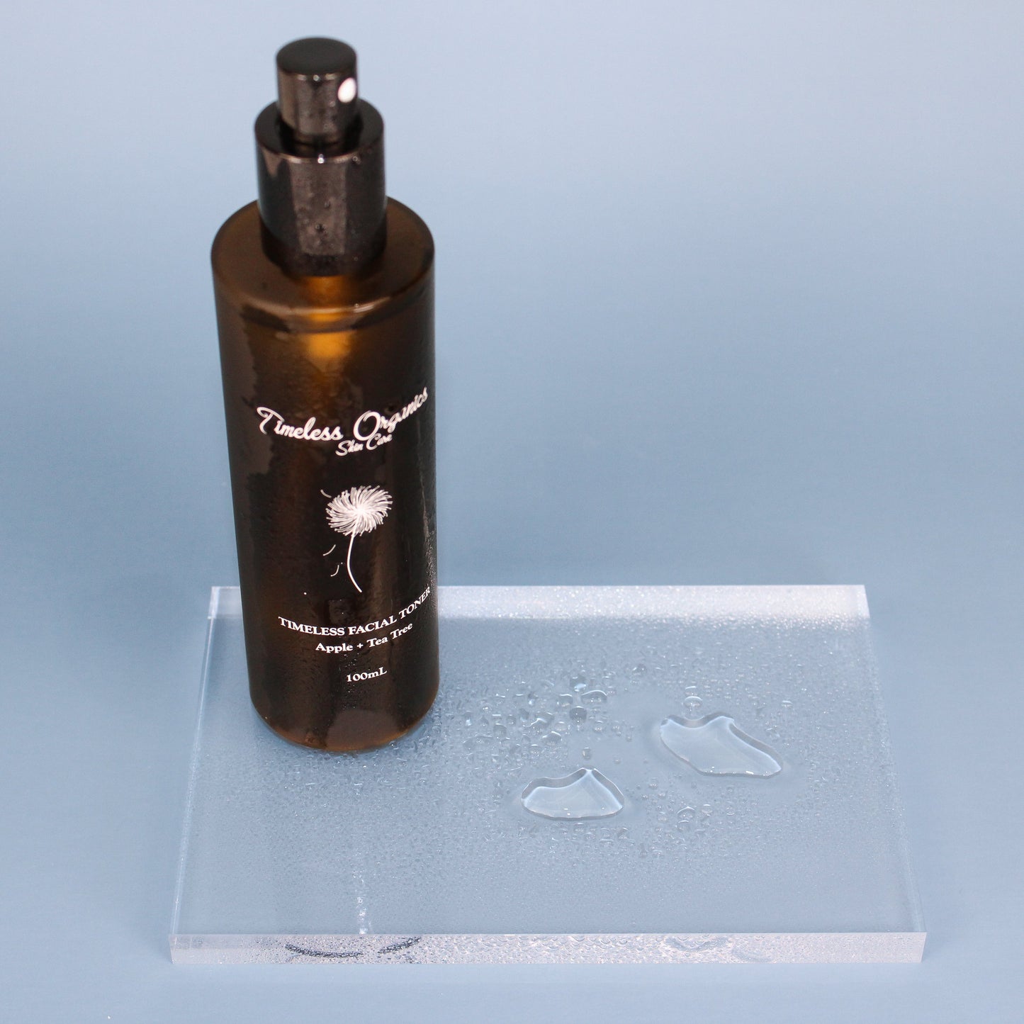 Timeless Organics Skin Care toner for troubled skin, clear liquid in a bottle with natural ingredients, suitable for sensitive skin.