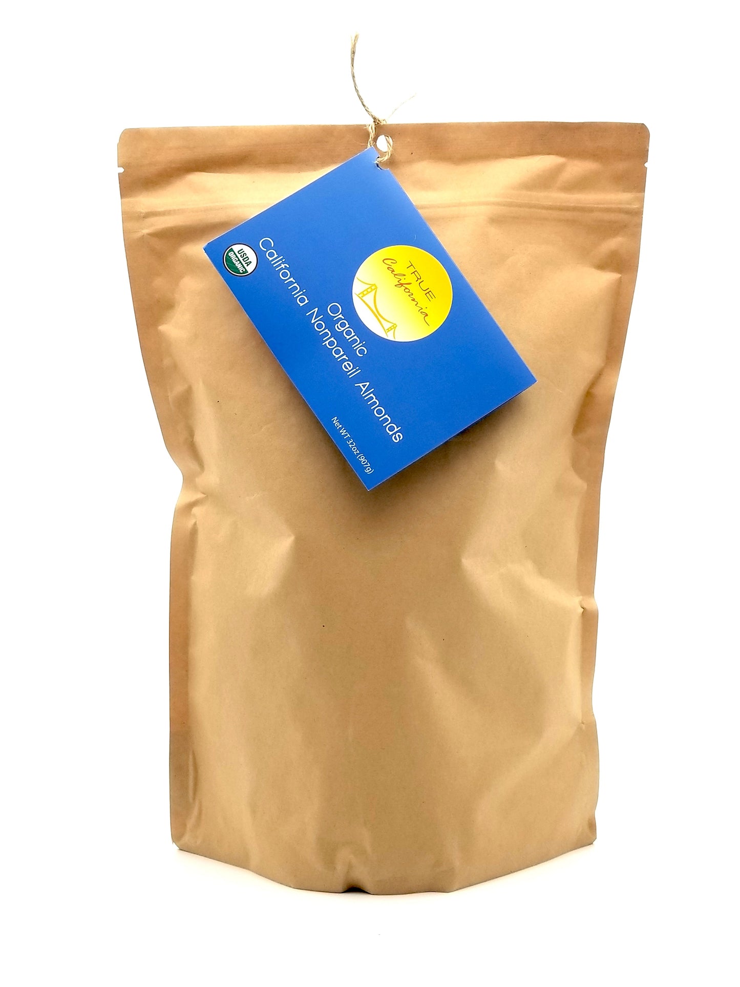 Organic True California Nonpareil Almonds in a 1 lb package, showcasing fresh, whole almonds with smooth, light brown shells.