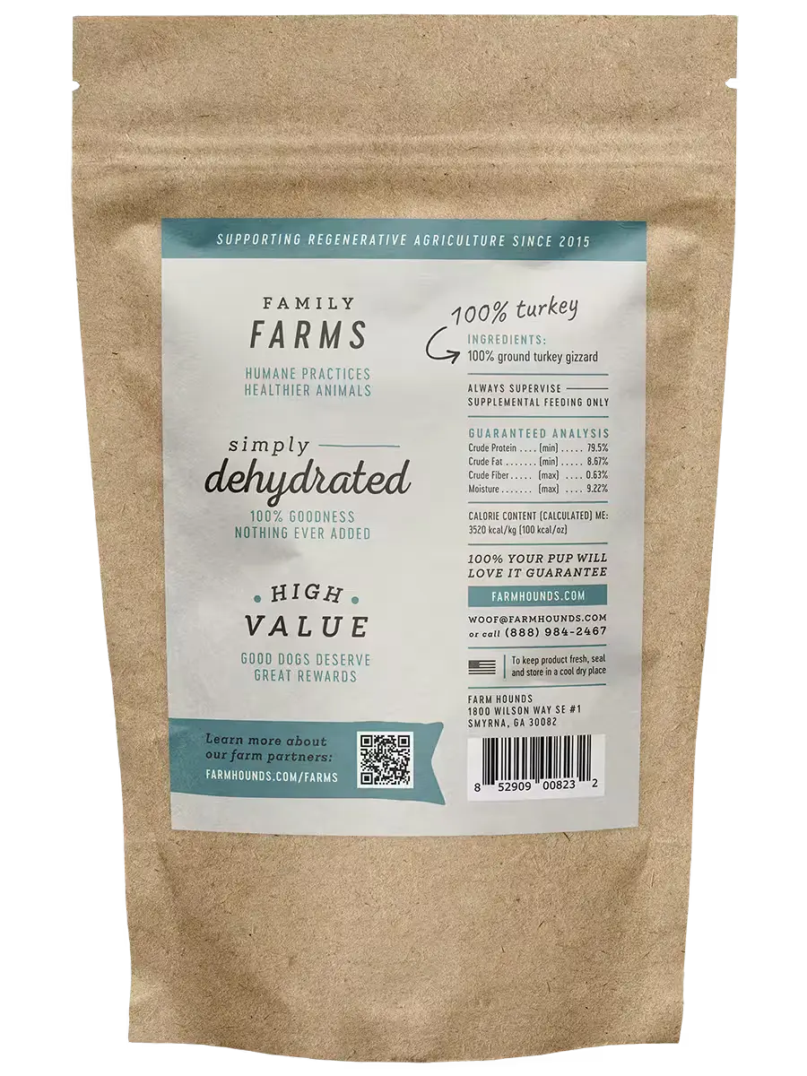 Farm Hounds turkey gizzard sticks showing whole turkey gizzards in natural packaging for dog treats.