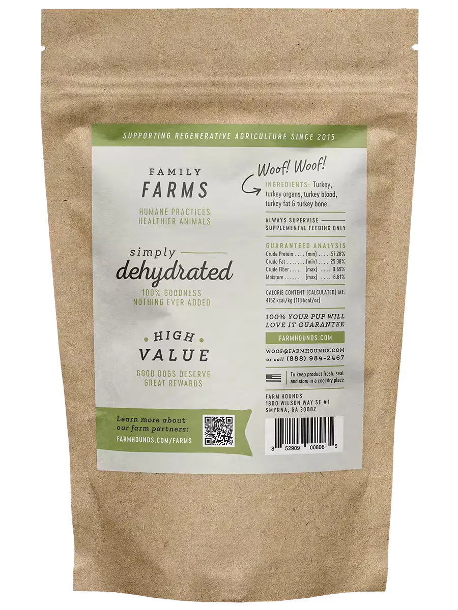 Farm Hounds turkey strips treats for dogs, shown in a natural setting, highlighting the chewy, dried turkey treat strips.