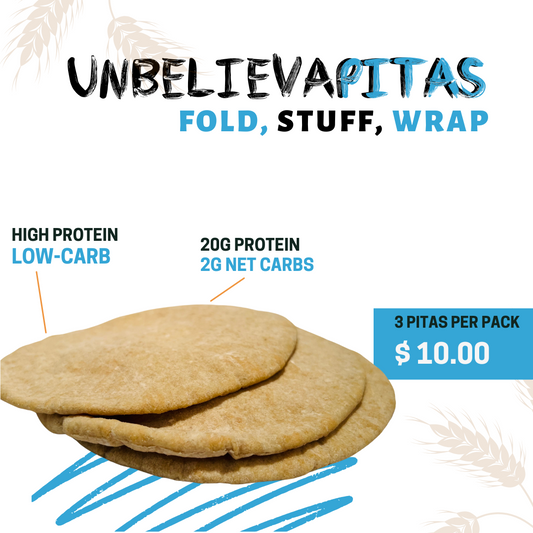 Two bags of Unbelievabuns UnbelievaPitas high protein, low-carb pitas with six breads visible, featuring packaging with branding and product info.