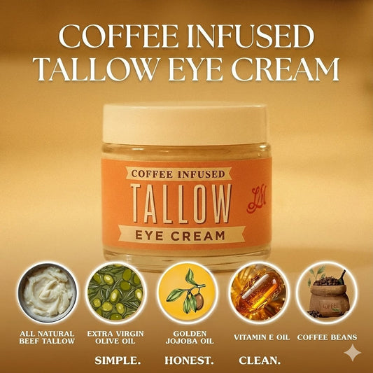Lady May Tallow natural tallow eye cream with caffeine, a soothing under eye cream in a sleek jar, designed to reduce puffiness.