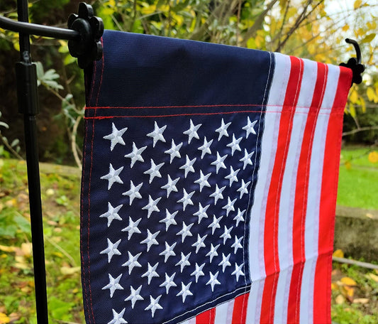 U.S. Garden Flag by Flagman of America, made in USA, featuring patriotic stars and stripes design for outdoor display.