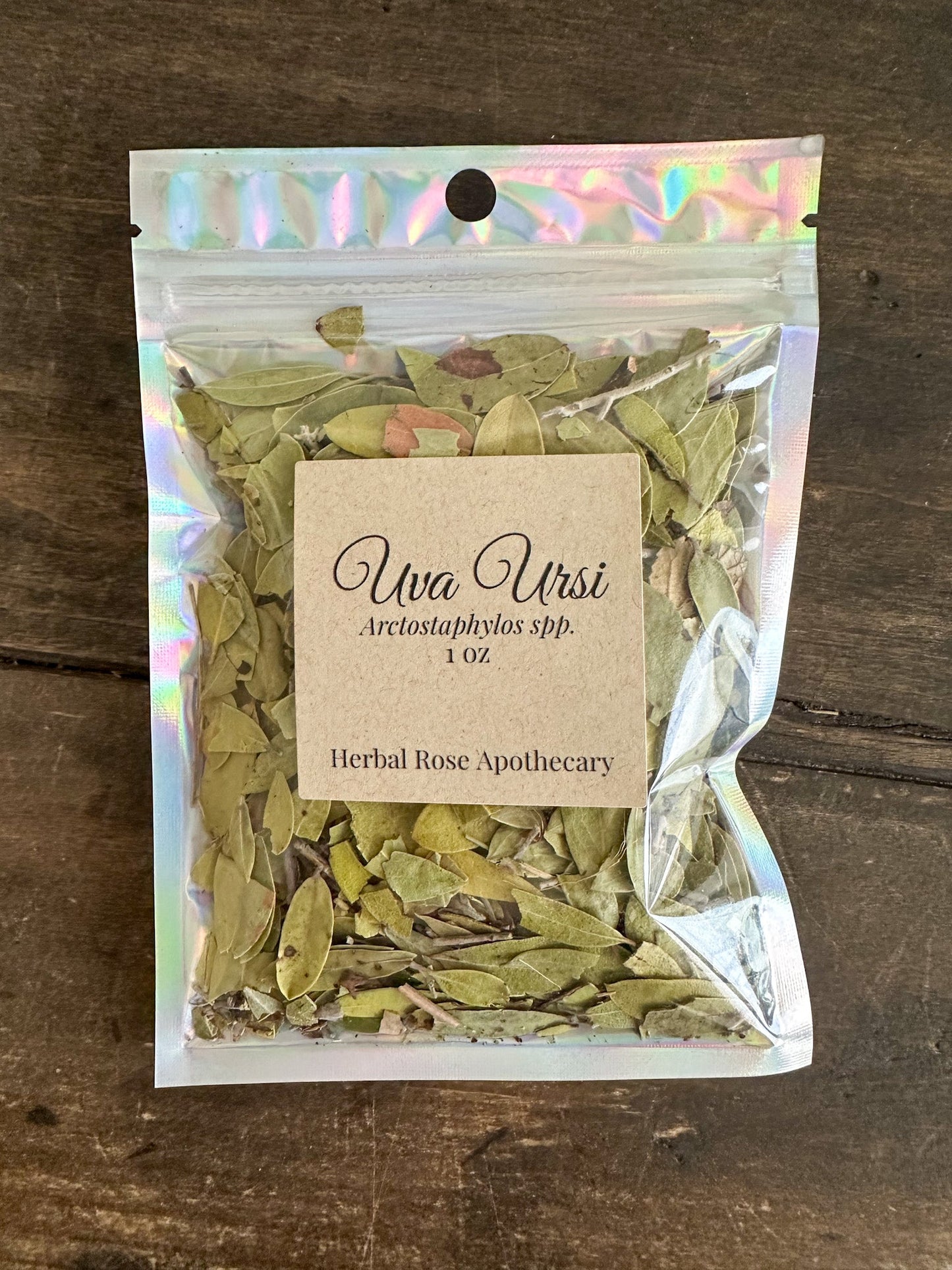 Herbalroseapothecary Uva Ursi herbal supplement in 1oz jar, showcasing dried Uva Ursi leaves for herbal remedy use.