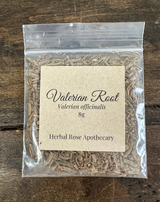 Dried valerian root herbs in an 8g package from Herbalrose Apothecary, showcasing earthy, natural roots used for herbal remedies.