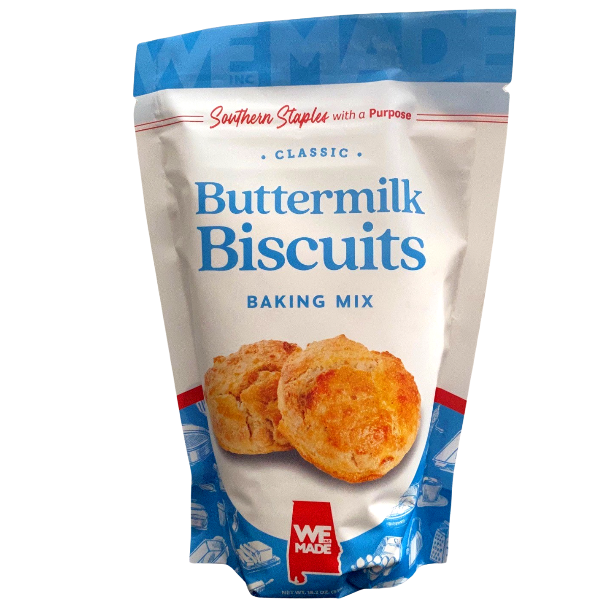 Buttermilk Biscuit Mix by WE Made featuring a bag of ready-to-make biscuit baking mix on a kitchen countertop