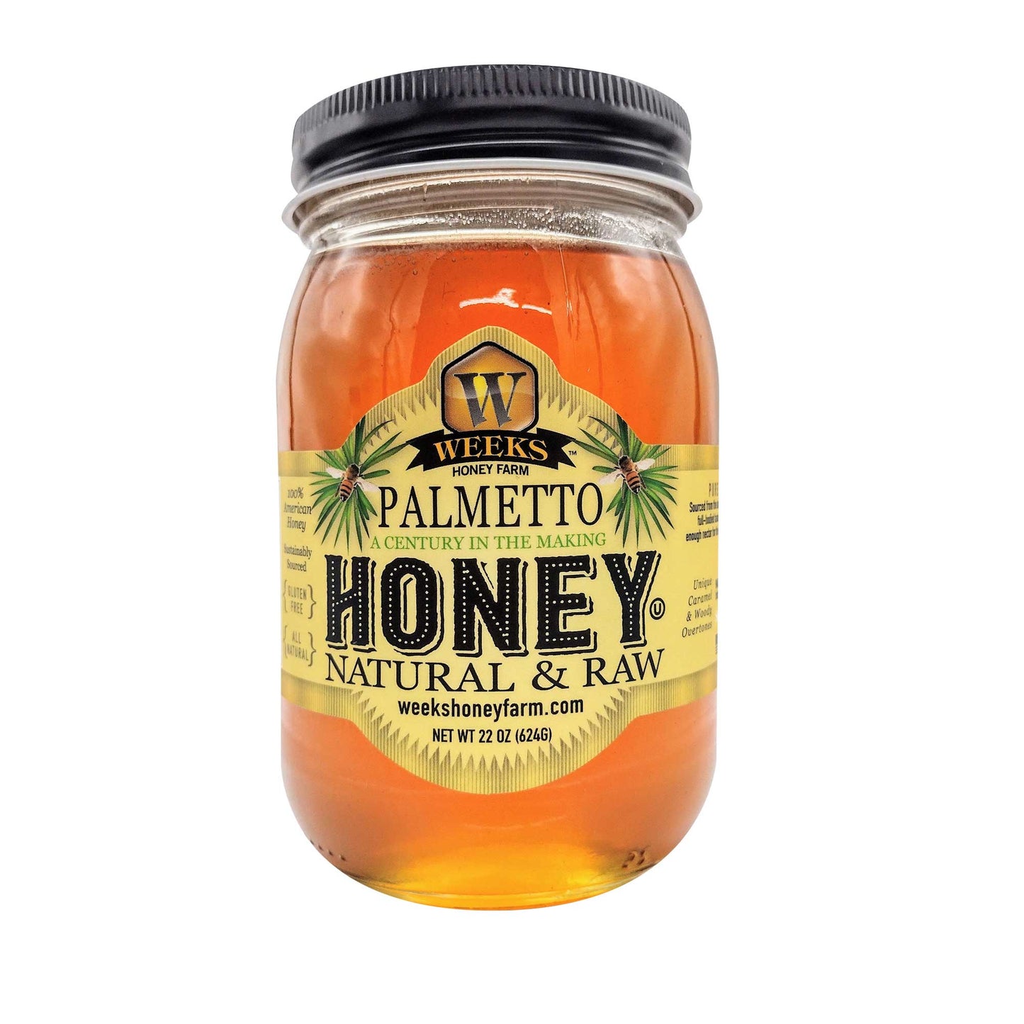 A 22 oz (624g) clear jar of Weeks Honey Farm Pure, Raw & Unfiltered Palmetto Honey, USA, with a gold and yellow label marked Natural & Raw, black lid, and amber honey inside.
