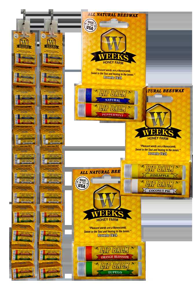 Weeks Honey Farm All Natural Beeswax Lip Balms are available in singles, twin packs, or cases. Shown in yellow packaging, flavors include peppermint, coconut pie, orange blossom, and tupelo—ideal for daily lip moisturizing.