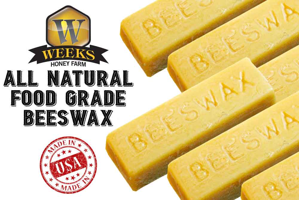 Bar of Weeks All-Natural Food Grade Beeswax from Weeks Naturals, showing a small 1 oz beeswax block on a neutral background.