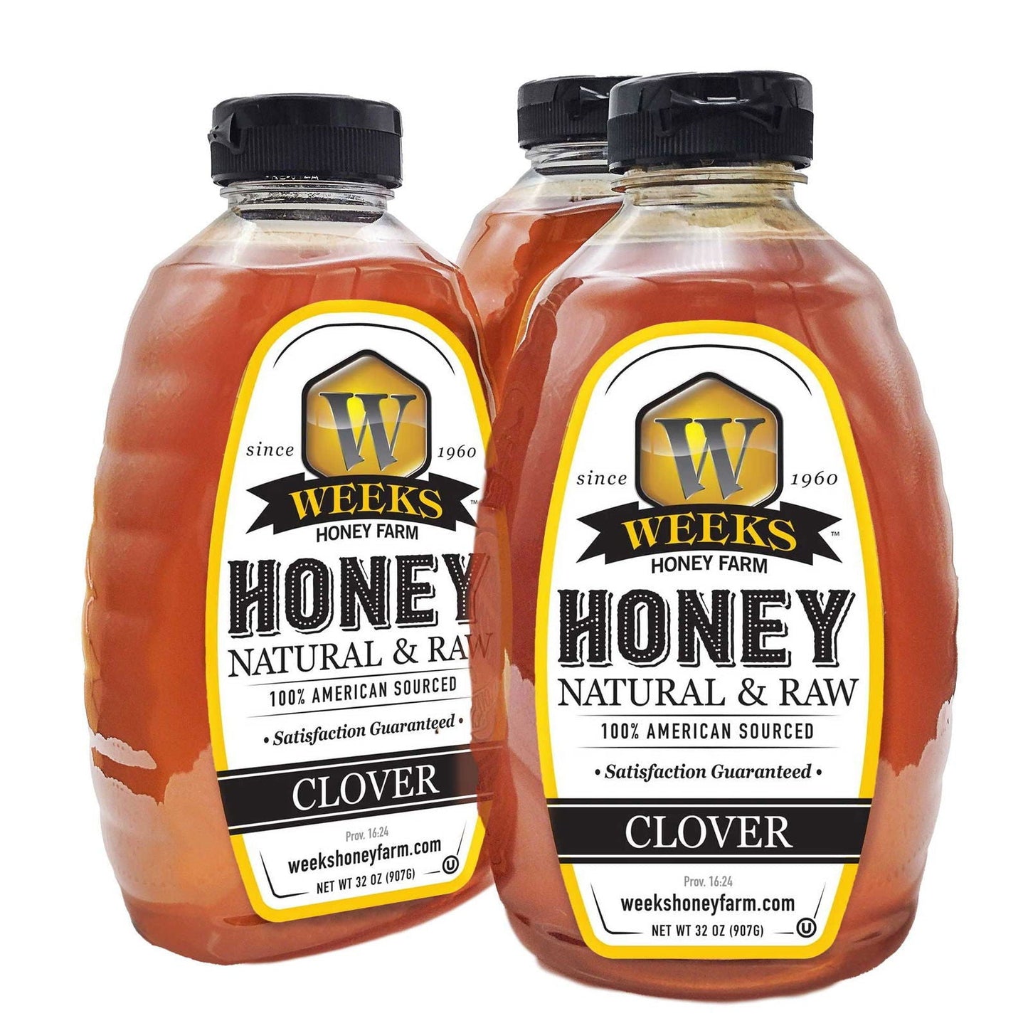 Jar of Weeks Naturals Pure Raw Clover Honey from Weeks Honey Farm, 12 ounces, showcasing golden honey in a glass jar