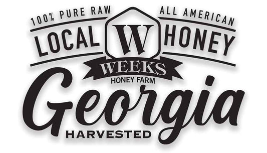 Bold black and white logo with "Our Best All-Natural Pure Raw Gallberry Honey" by Weeks Naturals | Weeks Honey Farm, featuring stylized text and ribbon—ideal for highlighting pure, raw Georgia honey.