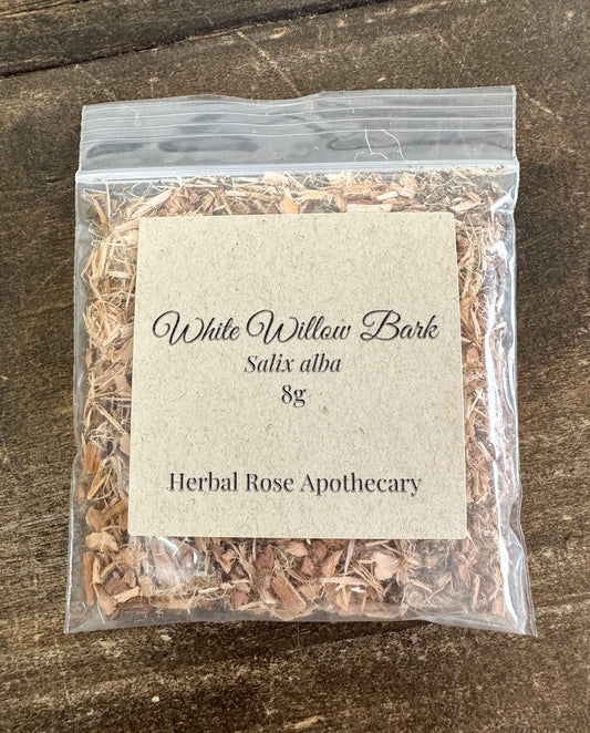 Dried white willow bark herbs in an 8g package from HerbalRoseApothecary, showcasing the natural bark pieces.