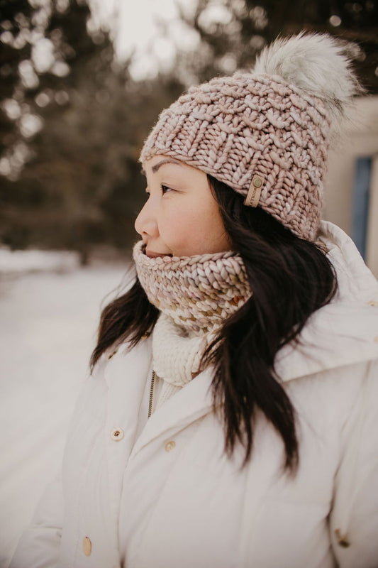 Pearl gray Merino Wool Knit Hat with faux fur pom pom by Woolly Bear Knits, featuring a cozy and stylish design.