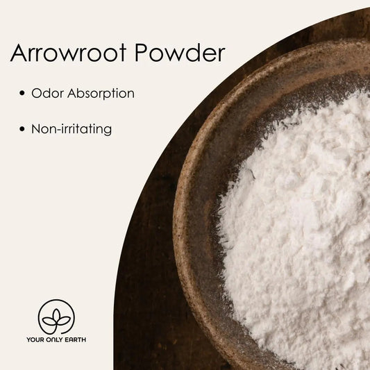 A wooden bowl of white powder sits on a dark surface. Text beside it reads: Deodorant Balm, Odor Absorption, Non-irritating. Infuse your senses with purity from nature. A small Your Only Earth logo is at the bottom.