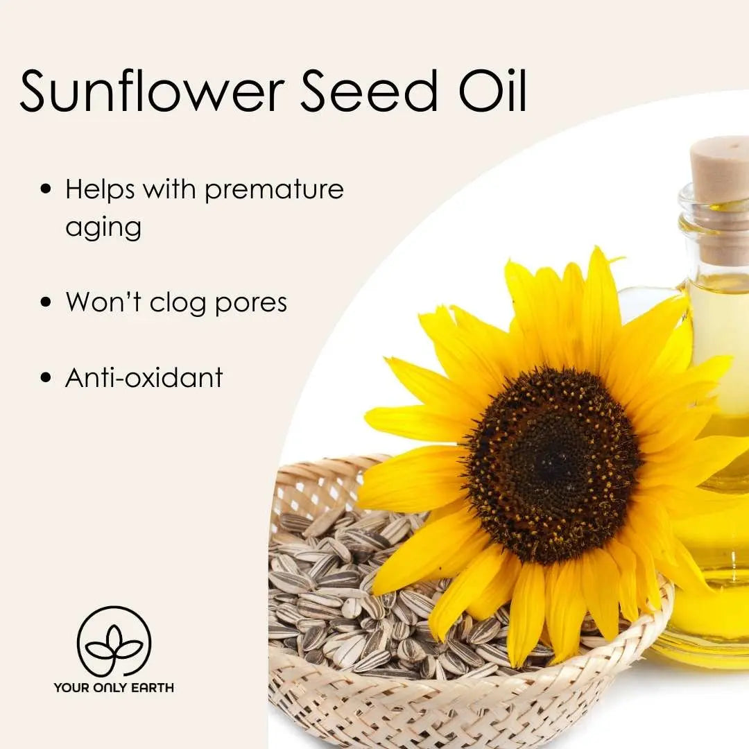 Image with text: Healer Soap from Your Only Earth. Includes benefits like anti-aging, non-comedogenic, and antioxidant properties. The image features a sunflower, a glass oil bottle, a wicker basket of seeds, lavender, and the Your Only Earth logo.