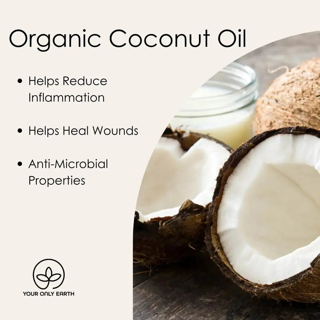 A close-up image shows a cracked coconut revealing its white interior beside a jar of coco oil. Turmeric Soap is written on the left with benefits: reduces inflammation, aids in wound healing, and fades dark spots. Brand: Your Only Earth; logo at the bottom.